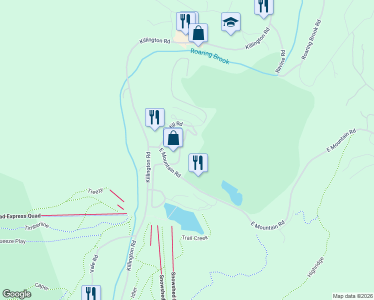 map of restaurants, bars, coffee shops, grocery stores, and more near 58 Old Mill Road in Killington