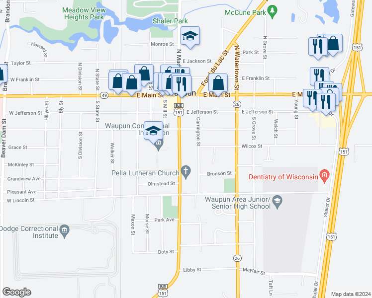 map of restaurants, bars, coffee shops, grocery stores, and more near 215 South Madison Street in Waupun