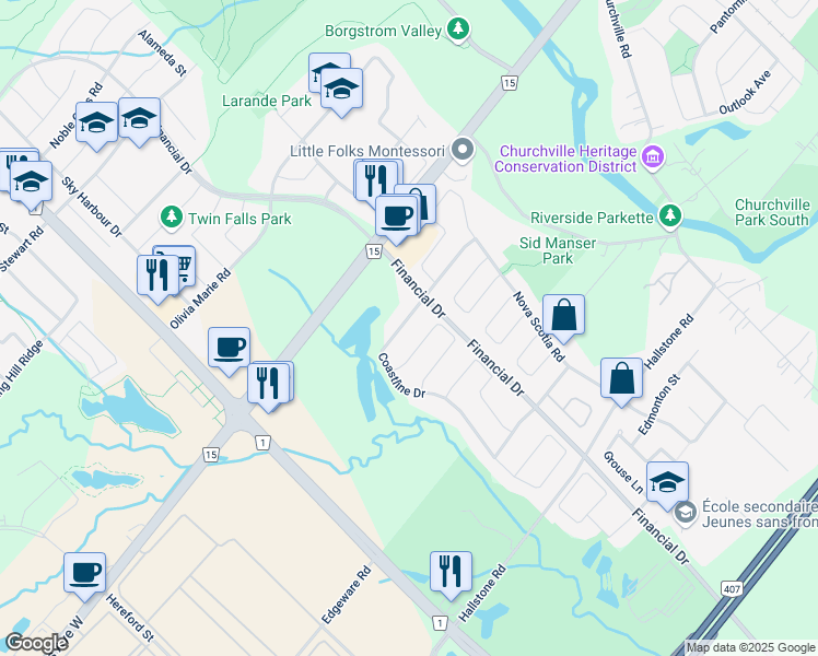 map of restaurants, bars, coffee shops, grocery stores, and more near 25 Coastline Drive in Brampton