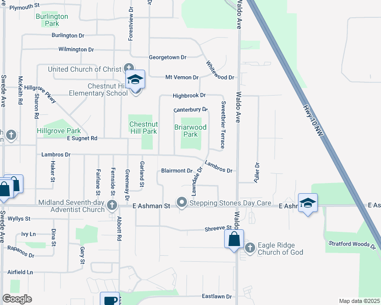 map of restaurants, bars, coffee shops, grocery stores, and more near 3604 Greenbrier Terrace in Midland