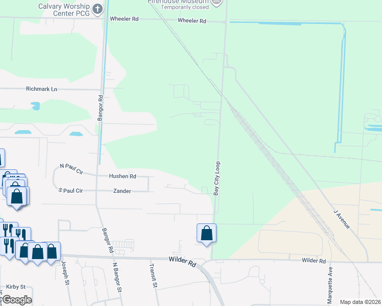 map of restaurants, bars, coffee shops, grocery stores, and more near 3470 Patterson Road in Bay City