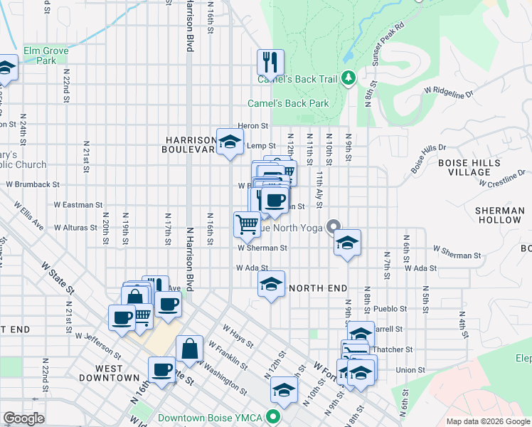 map of restaurants, bars, coffee shops, grocery stores, and more near 1521 North 13th Street in Boise