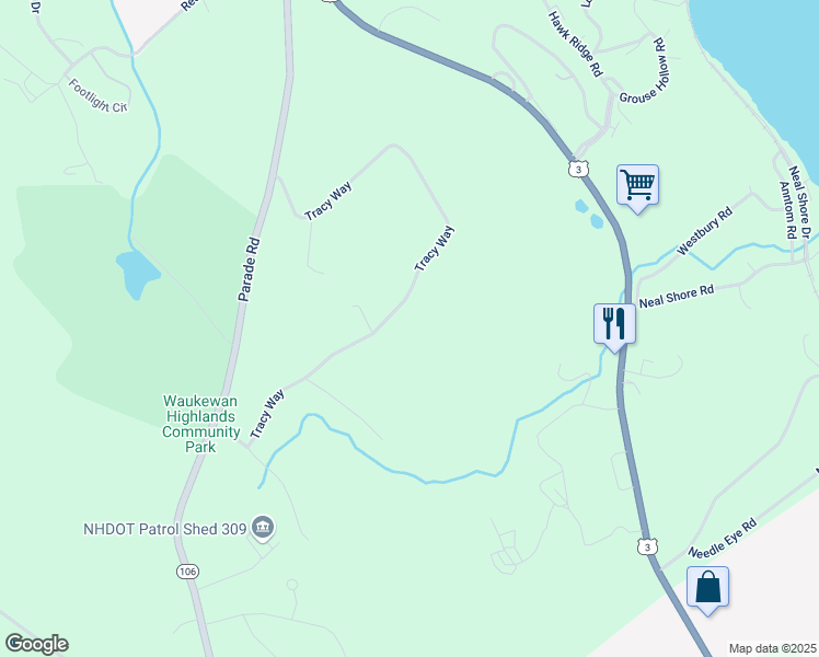 map of restaurants, bars, coffee shops, grocery stores, and more near 78 Tracy Way in Meredith