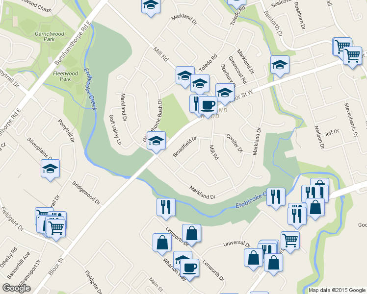 map of restaurants, bars, coffee shops, grocery stores, and more near 42 Broadfield Drive in Toronto