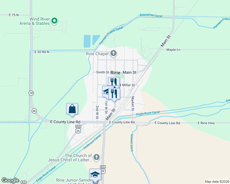map of restaurants, bars, coffee shops, grocery stores, and more near 141 Miller Street in Ririe