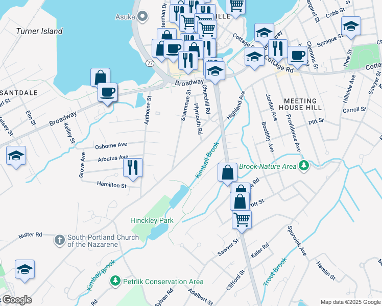 map of restaurants, bars, coffee shops, grocery stores, and more near 219 Highland Avenue in South Portland
