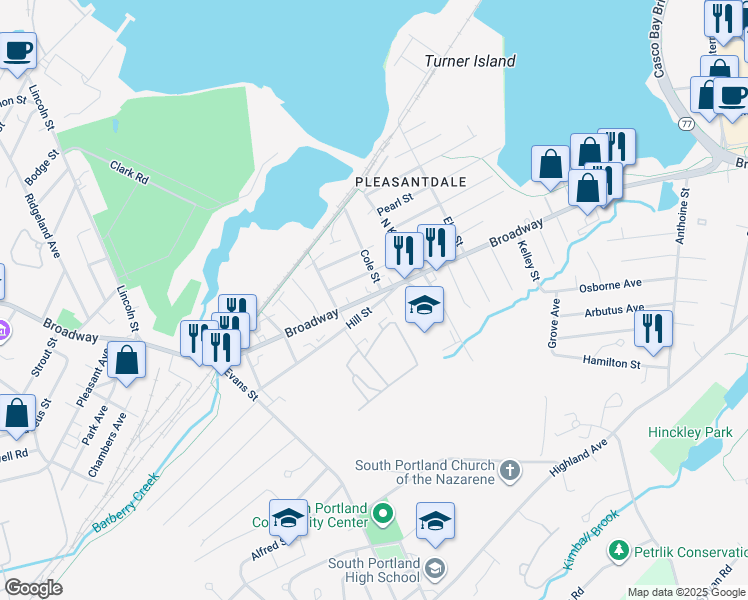 map of restaurants, bars, coffee shops, grocery stores, and more near 951 Broadway in South Portland