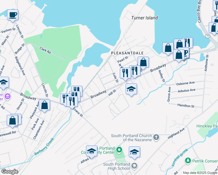 map of restaurants, bars, coffee shops, grocery stores, and more near 35 Reynolds Street in South Portland
