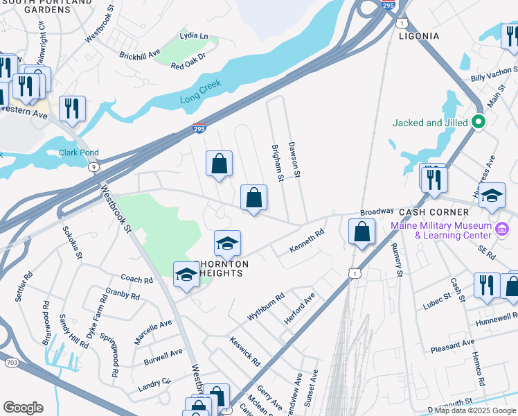 map of restaurants, bars, coffee shops, grocery stores, and more near 224 Fellows Street in South Portland