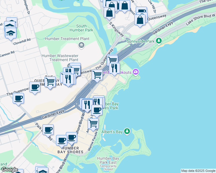 map of restaurants, bars, coffee shops, grocery stores, and more near 5 Marine Parade Drive in Toronto