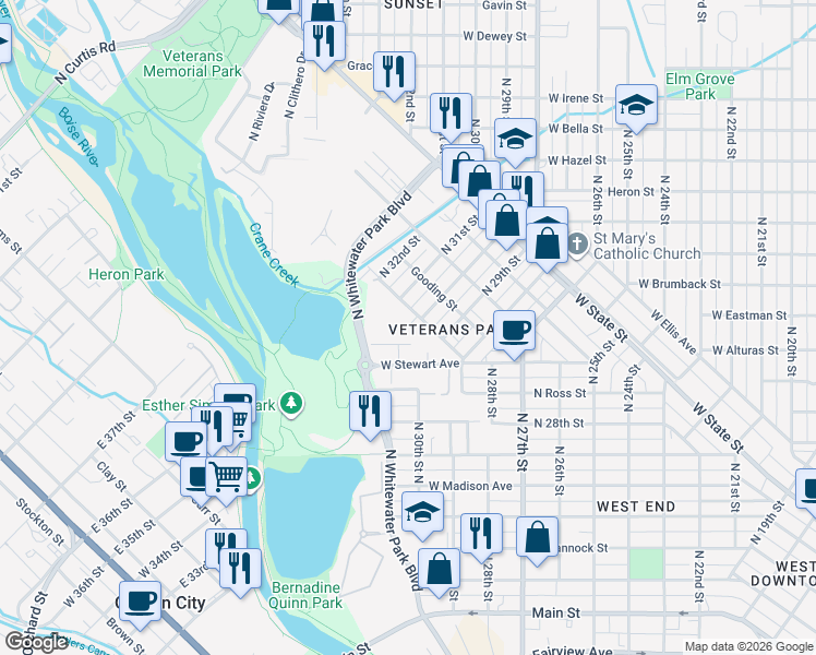 map of restaurants, bars, coffee shops, grocery stores, and more near 3019 West Moore Street in Boise