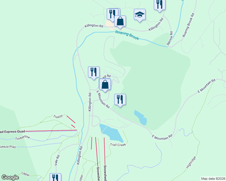 map of restaurants, bars, coffee shops, grocery stores, and more near 58 Old Mill Road in Killington