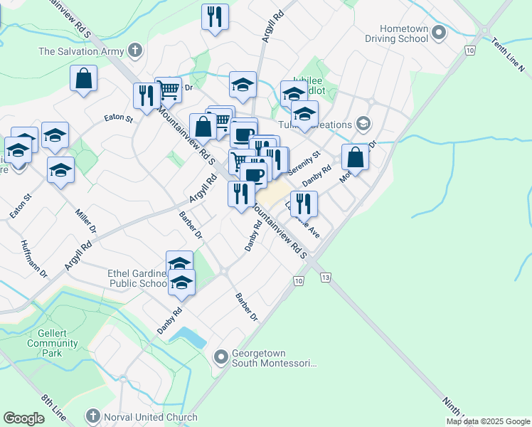 map of restaurants, bars, coffee shops, grocery stores, and more near Danby Road in Halton Hills