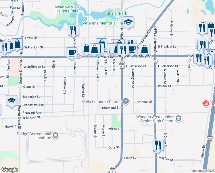 map of restaurants, bars, coffee shops, grocery stores, and more near 200 South Madison Street in Waupun