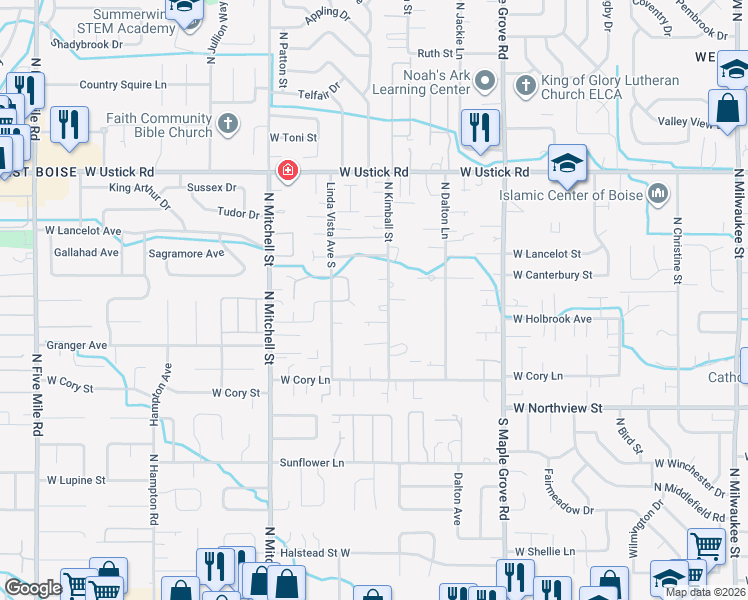 map of restaurants, bars, coffee shops, grocery stores, and more near 2851 North Kimball Street in Boise