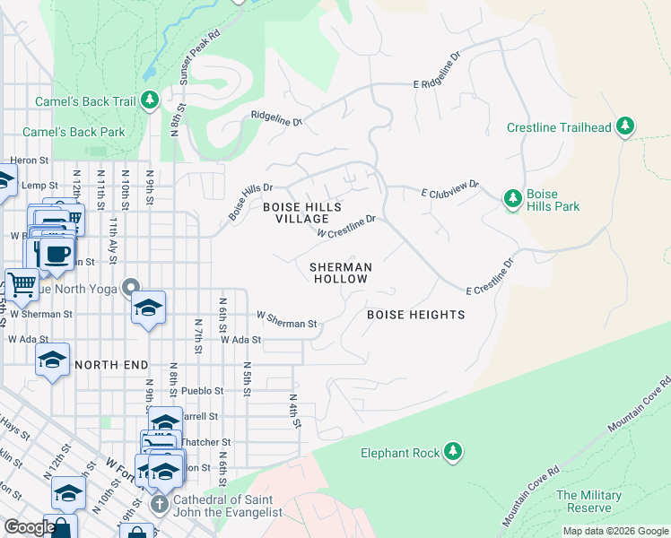 map of restaurants, bars, coffee shops, grocery stores, and more near 225 Summit Ridge Road in Boise