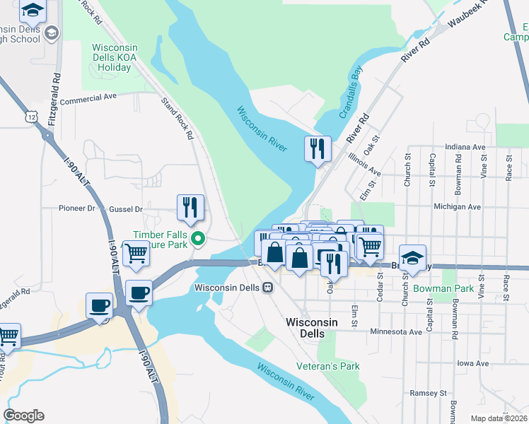 map of restaurants, bars, coffee shops, grocery stores, and more near in Wisconsin Dells