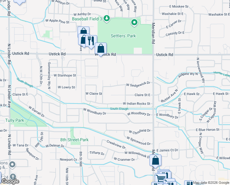 map of restaurants, bars, coffee shops, grocery stores, and more near 377 West Sedgewick Drive in Meridian