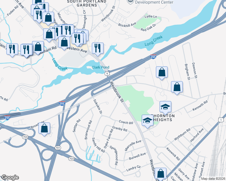 map of restaurants, bars, coffee shops, grocery stores, and more near 294 Westbrook Street in South Portland