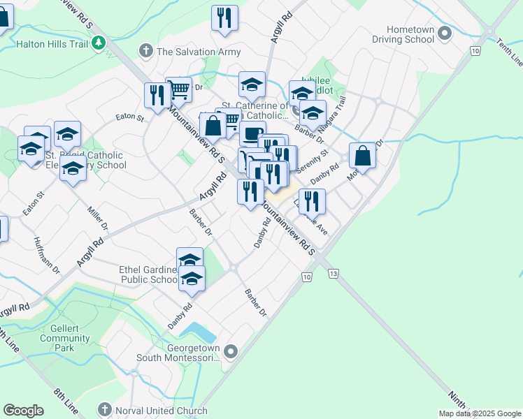 map of restaurants, bars, coffee shops, grocery stores, and more near 380 Mountainview Road South in Halton Hills