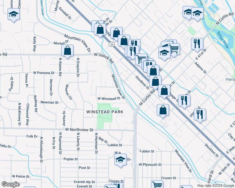 map of restaurants, bars, coffee shops, grocery stores, and more near 2801 Mountain View Drive in Boise