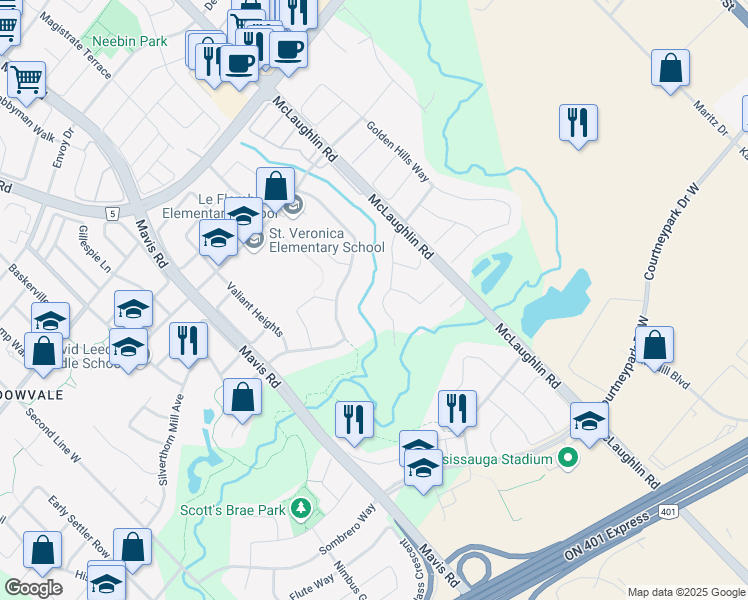 map of restaurants, bars, coffee shops, grocery stores, and more near 6648 Rothschild Trail in Mississauga