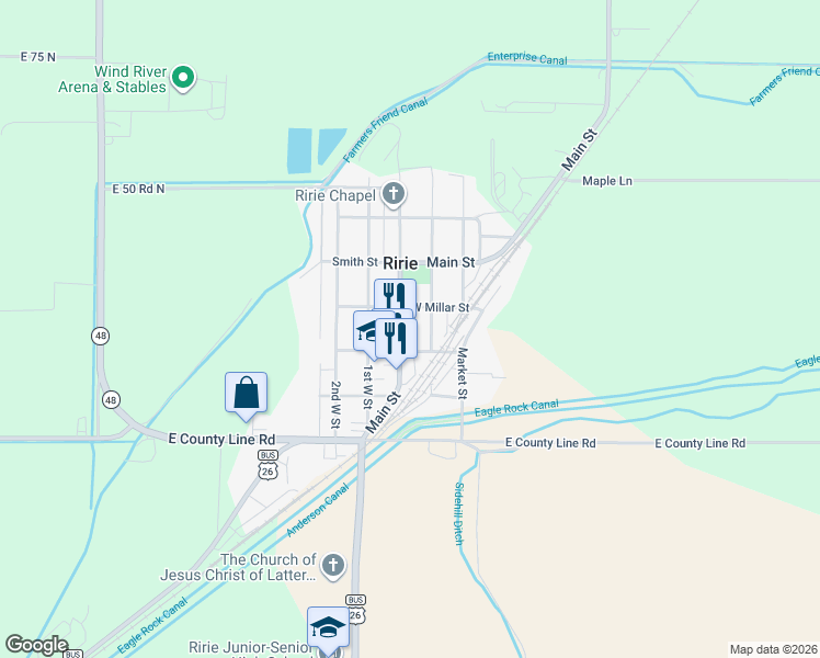 map of restaurants, bars, coffee shops, grocery stores, and more near 377 1st East Street in Ririe