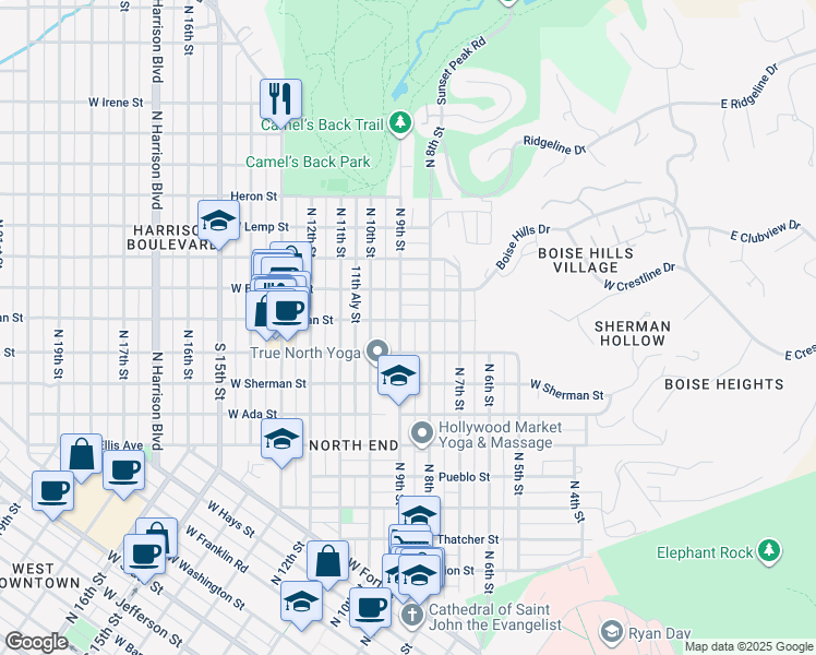 map of restaurants, bars, coffee shops, grocery stores, and more near 1803 North 9th Street in Boise