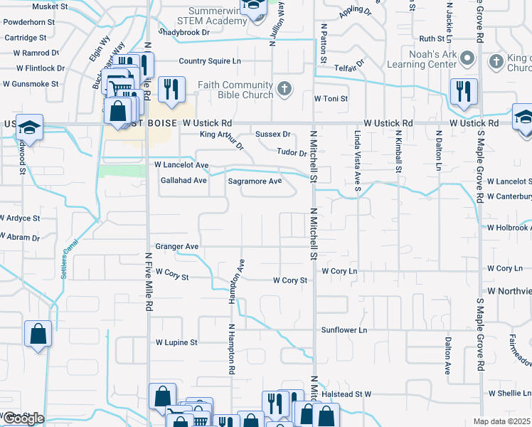map of restaurants, bars, coffee shops, grocery stores, and more near 10065 West Canterbury Drive in Boise