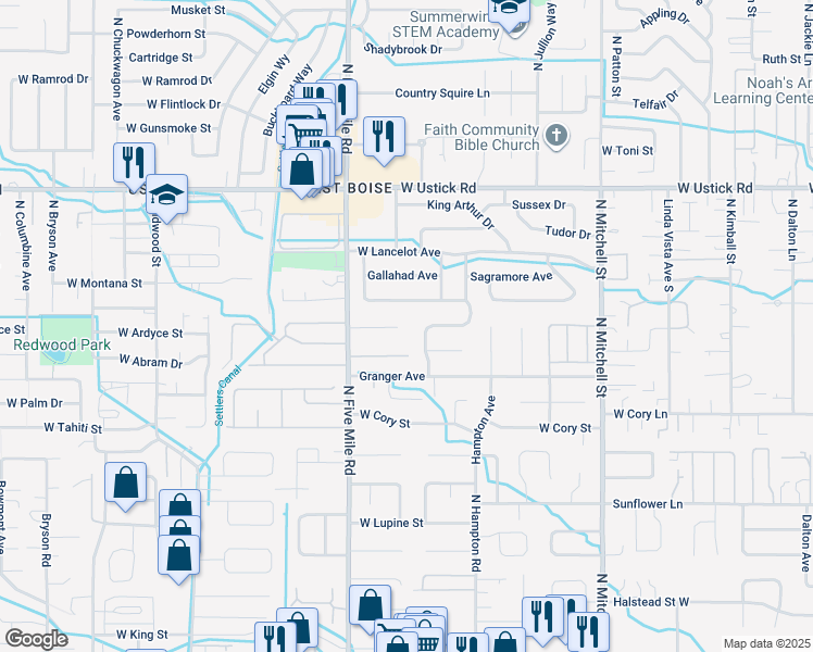 map of restaurants, bars, coffee shops, grocery stores, and more near 10385 Excalibur Avenue in Boise