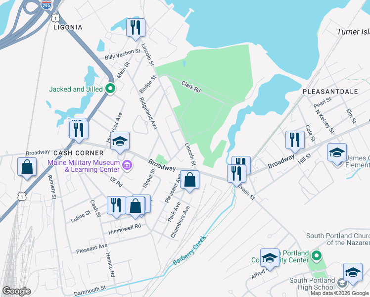 map of restaurants, bars, coffee shops, grocery stores, and more near 361 Lincoln Street in South Portland