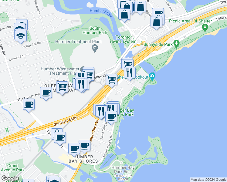 map of restaurants, bars, coffee shops, grocery stores, and more near in Toronto