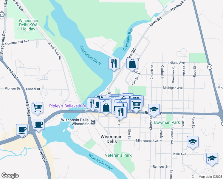 map of restaurants, bars, coffee shops, grocery stores, and more near 930 River Road in Wisconsin Dells