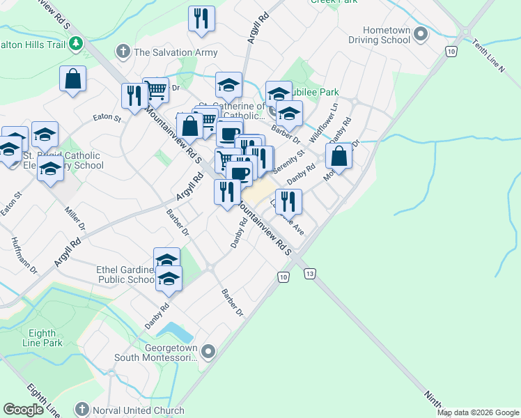map of restaurants, bars, coffee shops, grocery stores, and more near 15004 Danby Road in Halton Hills
