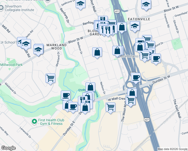map of restaurants, bars, coffee shops, grocery stores, and more near 53 Neilson Drive in Toronto