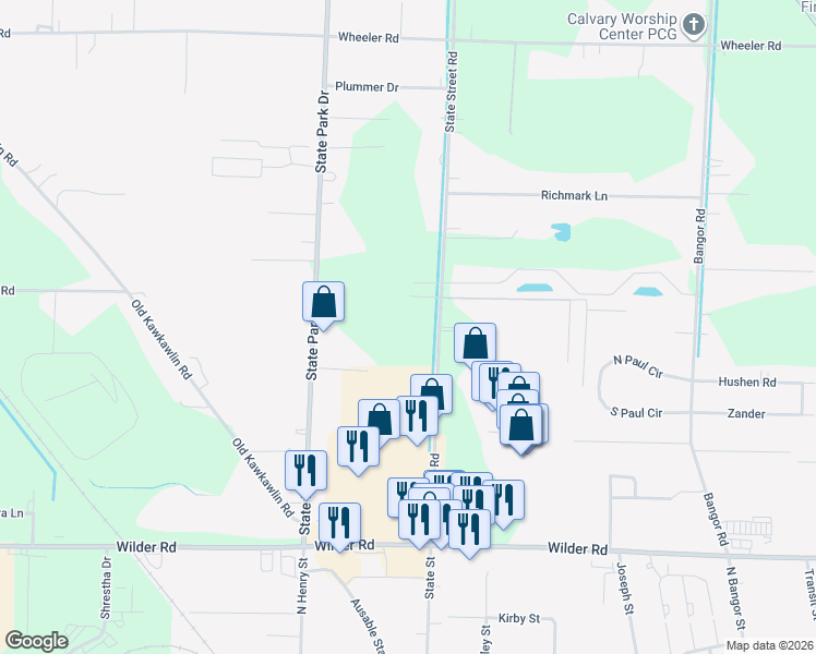 map of restaurants, bars, coffee shops, grocery stores, and more near 3798-3858 State Street Rd in Bay City