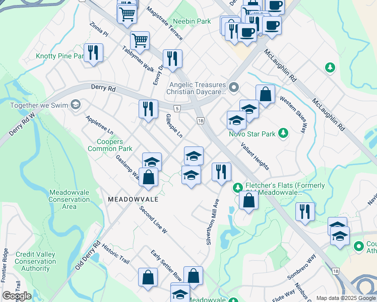 map of restaurants, bars, coffee shops, grocery stores, and more near 6955 Buttle Station Place in Mississauga