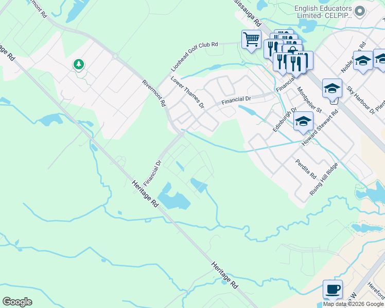 map of restaurants, bars, coffee shops, grocery stores, and more near 6 Quinton Ridge in Brampton