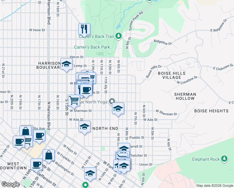 map of restaurants, bars, coffee shops, grocery stores, and more near 1803 North 9th Street in Boise