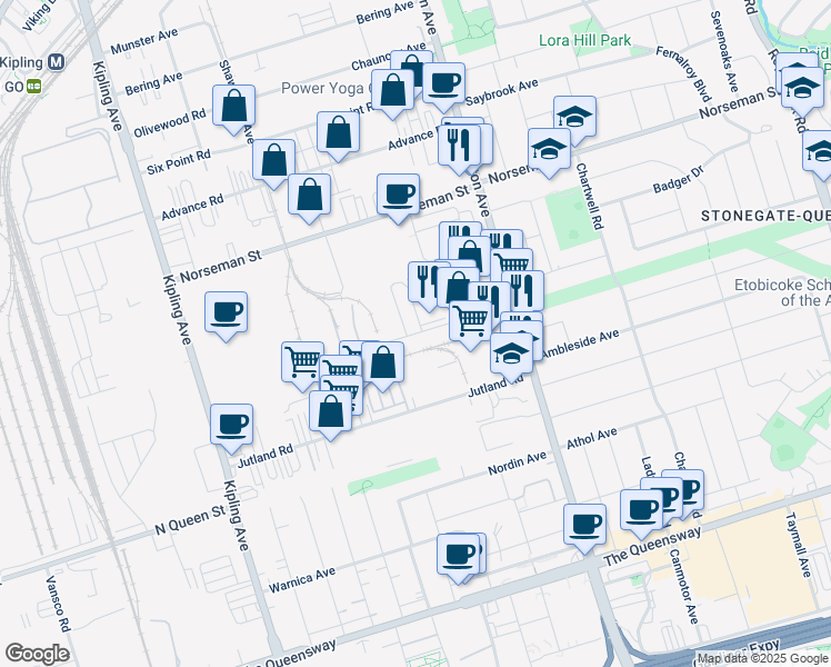 map of restaurants, bars, coffee shops, grocery stores, and more near 40 Titan Road in Toronto