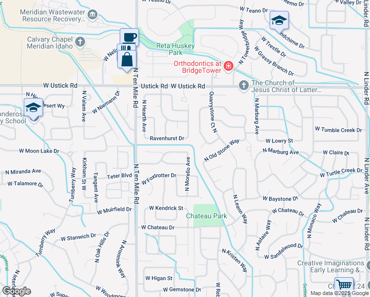 map of restaurants, bars, coffee shops, grocery stores, and more near 2911 West Ravenhurst Street in Meridian