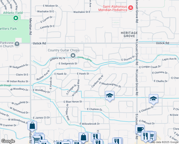 map of restaurants, bars, coffee shops, grocery stores, and more near 924 East Hawk Street in Meridian