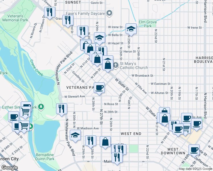 map of restaurants, bars, coffee shops, grocery stores, and more near 1101 North 27th Street in Boise