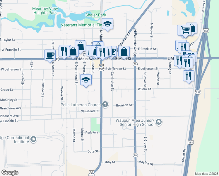 map of restaurants, bars, coffee shops, grocery stores, and more near 240 Carrington Street in Waupun