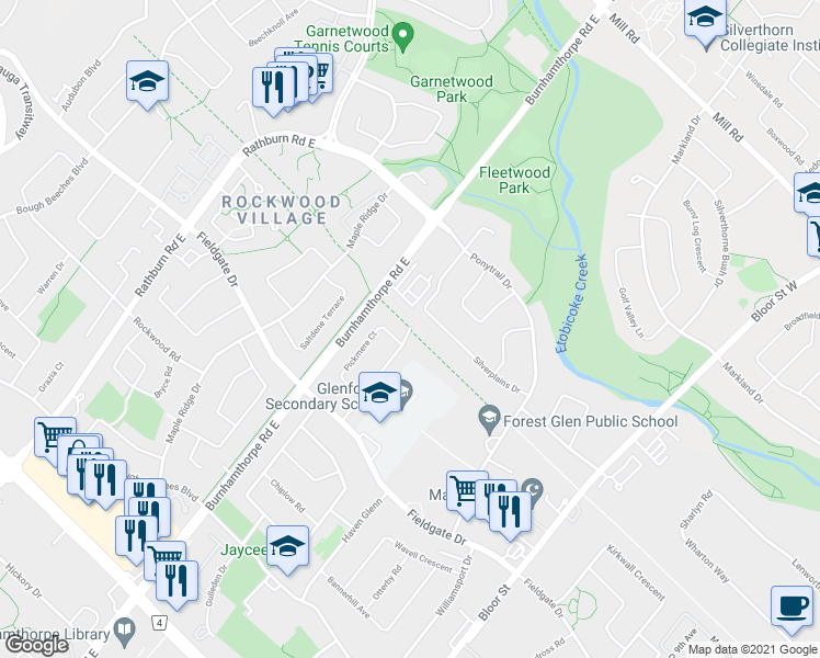 map of restaurants, bars, coffee shops, grocery stores, and more near 1815 Pagehurst Avenue in Mississauga