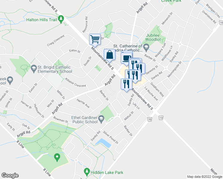 map of restaurants, bars, coffee shops, grocery stores, and more near 26 Garrison Square in Halton Hills