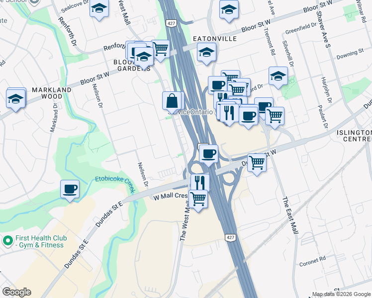 map of restaurants, bars, coffee shops, grocery stores, and more near in Toronto