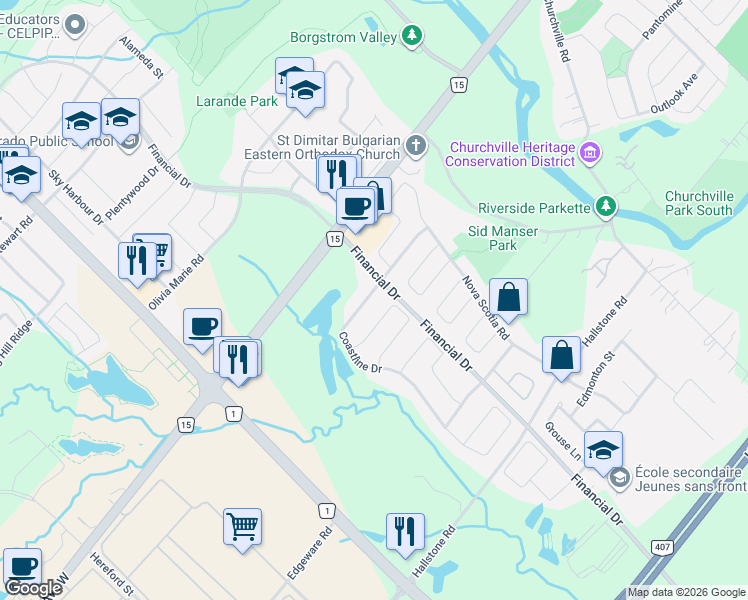 map of restaurants, bars, coffee shops, grocery stores, and more near 13 Coastline Drive in Brampton
