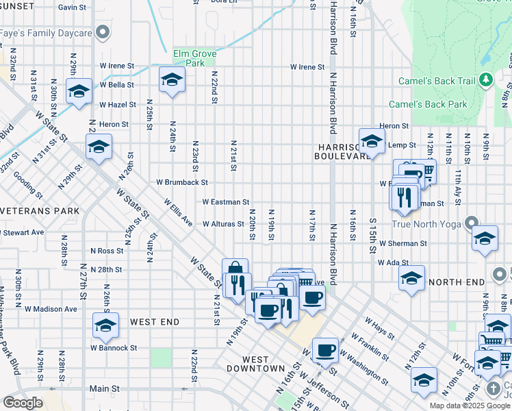map of restaurants, bars, coffee shops, grocery stores, and more near 1101 North 19th Street in Boise
