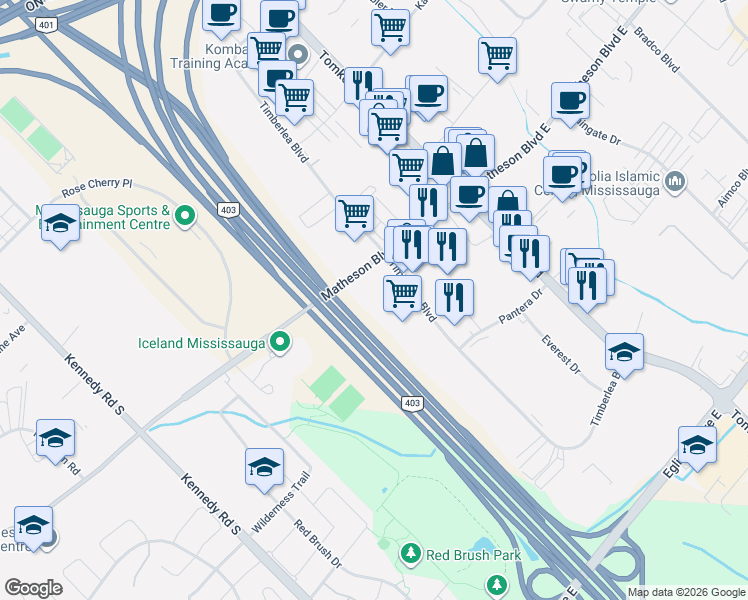 map of restaurants, bars, coffee shops, grocery stores, and more near 5380 Timberlea Boulevard in Mississauga